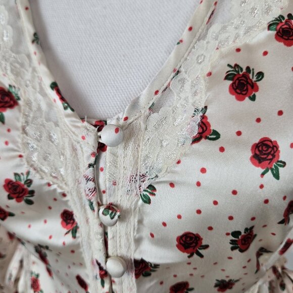 Free People Field Of Roses Satin Lace Top XS Cream Red Coquette Peasant NWT - Picture 15 of 16